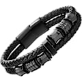 Miniatyrbillede 2 af 5: Herre dobbelt række sort flettet læderarmbånd bangle armbånd med sorte rustfrie stål ornamenter