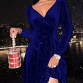 Miniatyrbilde 4 av 5: Womens Wrap V Neck Long Sleeve Velvet Flare Skater Mini Dress