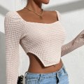 Miniatyrbillede 5 af 5: Langærmet strikket ensfarvet crop top med firkantet hals og tætsiddende t-shirts