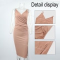 Miniatyrbild 3 av 5: Omslag V-hals Långärmad Slit Bodycon Cocktail Party Midi Klänning