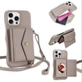 Puhelinkotelo vaakasuoralla korttitaskulla litsirakenteella ja pitkällä narulla, harmaa Grey For iPhone 12 / 12 Pro
