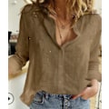 Miniatyrbilde 1 av 4: Linsskjorte for kvinner, avslappet, ensfarget, med knapp og slag, sommertopp, en perfekt gave, brun Brown 5XL