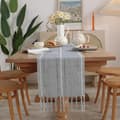 Boho bordslöpare med makramébroderi och tofsar, rustik bondgårdsdukning för fester, blå 13 x 47 tum