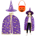 Miniatyrbillede 1 af 7: Troldmandskappe med Hat, Halloween Kostume til Børn, Hexe Kappe, Stjerne Kappe, Tryllehat, Rollespil til Drenge og Piger lila
