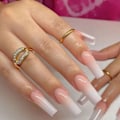 Miniatyrbillede 2 af 3: Ekstra lange firkantede tryk på negle Gradient Nude Pink Glossy Falske negle Squoval Falske negle Fuld dækning Akryl Lim på negle til kvinder og piger DIY