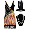 Miniatyrbillede 1 af 7: Kvinders Flapper 20'er Kostume Outfit V-Hals Sequin Kjole med Frynser Halskæde Perle Bånd XL