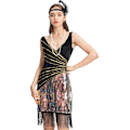 Miniatyrbillede 4 af 7: Kvinders Flapper 20'er Kostume Outfit V-Hals Sequin Kjole med Frynser Halskæde Perle Bånd S