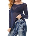 Miniatyrbilde 5 av 5: Kvinners Stretchy Scoop Neck Sheer See Through Sexy Slim Fit Mesh Tops Langærmet Bluse
