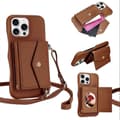 Litchi Textur Horisontell Kortficka Telefonfodral med Lång Snodd Brun Brown For iPhone 16