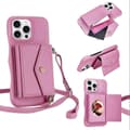 Puhelinkotelo vaakasuoralla korttitaskulla litsirakenteella ja pitkällä narulla, pinkki Pink For iPhone 13 Pro Max