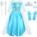 Miniatyrbillede 1 af 7: ELSA Kostume Børn Piger 9 Dele Sæt ELSA Kjole Børn med Krone Tiara Handsker Tryllestav til Jul Udklædning Karneval Halloween Fødselsdagsfest 110 cm