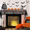 Pikkukuva 4 / 4: IC Halloween-koriste, musta pitsi pyöreä pöytäliina Halloween-juhlakoristeluun, lepakko verho