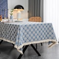 Miniatyrbild 2 av 5: IC Rektangulär bordsduk tjock stickad Broderad texturerad frans bomull Linne Rektangulär duk för kök, 139,7 cm x 139,7 cm, 4 sittplatser