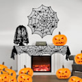 Pikkukuva 2 / 4: IC Halloween-koriste, musta pitsi pyöreä pöytäliina Halloween-juhlakoristeluun, lepakko verho