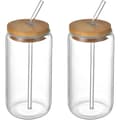 2-pack dricksglas med bambulock och sugrör, återanvändbara 500 ml ölburksglas för iskaffe, te, cocktails och juice
