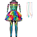 Miniatyrbilde 3 av 7: Fargerikt og trendy skjeletkostyme for jenter, luksuriøst kostyme med hårforlengelser, for Halloween-fester Small ( 5 – 7 yrs)