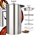 Miniatyrbild 1 av 7: Dubbelväggig Franskpress Kaffebryggare, Rostfritt Stål Rostfri Immersion Bryggning Kaffekanna Med 4-Stegs Filtreringssystem För Hem Och