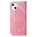 Miniatyrbild 3 av 5: iPhone 13 - Butterfly Print Läder Fodral - Rosa