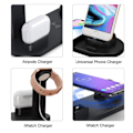 Miniatyrbild 6 av 8: Trådlös QI Laddstation Kompatibel med Apple Watch iPhone Airpods Svart