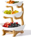 3-Tier Fruit Basket Stand, Natural Bamboo Countertop Fruit and Snack Display for Kitchen, Dining Table, and Parties, White