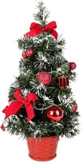 Luminous Artificial Christmas Tree with White Snow, 40 cm Small Tabletop Christmas Tree LED String Lights with Bow and Pine Cone