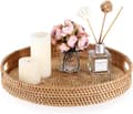 Round Woven Rattan Serving Tray with Handles for Coffee, Drinks, Breakfast, Tea, Candles