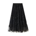 Miniatyrbilde 2 av 5: Langt tyll tutu-skjørt for kvinner 3d-blomsterbroderi ensfarget Midi-svingskjørt i mesh med høy midje Black