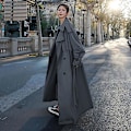 Miniatyrbild 1 av 5: Trenchcoat för kvinnor Lös oversize lång jacka Dubbelknäppt bälte Dammantel Grå vindjacka Gray S