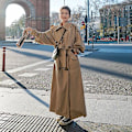 Miniatyrbild 2 av 5: Trenchcoat för kvinnor Lös oversize lång jacka Dubbelknäppt bälte Dammantel Grå vindjacka Khaki M