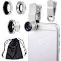 Miniatyrbilde 1 av 5: Universal 3 i 1 mobiltelefon kamera linsesett for smarttelefoner inkludert - Fish Eye linse / 2 i 1 makro linse og vidvinkel linse/universal klips/bærepose silver
