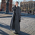 Miniatyrbild 2 av 5: Trenchcoat för kvinnor Lös oversize lång jacka Dubbelknäppt bälte Dammantel Grå vindjacka Gray M