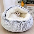 Miniatyrbilde 5 av 5: Beroligende hundesenger og kattehule seng med hette, avtakbare vaskbare runde senger for små og mellomstore kjæledyr, sklisikker, myk og fluffy seng i imitert pels, Fas Gray 40CM
