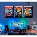 Miniatyrbillede 2 af 5: 3 stk. Cool Gaming Væghængt Kunst Retro Videospil Akvarel Plakater Billeder Farverige Neon Gamepad Lærredstryk 12x16in Uindrammet