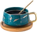 Miniatyrbillede 1 af 6: Porcelæn Te Kop Kaffe Kande Sæt til Eftermiddagste - Marmor Mønster (Sort, Kort 300ml + Træ Underkop)