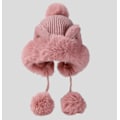 Miniatyrbilde 1 av 8: Hatt med katteører for kvinner - To baller, øreflapper, varm strikket lue, myk og tykk pels, vinterhatt Pink