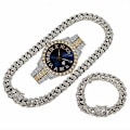 Miniatyrbillede 1 af 5: Mode Sølv Blå Ur Sæt Gaveæske Mænds Is Indlagt 12mm Kubansk Kæde Halsk Armbånd Ur Sæt Hip Hop Kæde Is Smykker Mænds Smykker Silver Blue2