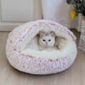 Miniatyrbilde 2 av 5: Beroligende hundesenger og kattehule seng med hette, avtakbare vaskbare runde senger for små og mellomstore kjæledyr, sklisikker, myk og fluffy seng i imitert pels, Fas Pink 60CM