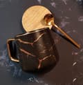 Miniatyrbillede 3 af 5: Porcelæn Te Kop Kaffe Kande Sæt til Eftermiddagste - Marmor Mønster (Sort, Kort 300ml + Træ Underkop)