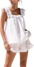 Dames 2-delt sett sommer mote volangkant cami og avslappet shorts sett bomull pyjamassett Dd. Large