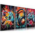 Miniatyrbillede 1 af 5: 3 stk. Cool Gaming Væghængt Kunst Retro Videospil Akvarel Plakater Billeder Farverige Neon Gamepad Lærredstryk 12x16in Uindrammet