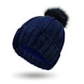 Miniatyrbillede 1 af 7: Vinterstrikket Hat til Kvinder, Fast Pompom Beanie, Varmt Satinfor, Silkefor Beanie, Hæklet Udendørs Beanie Dark Blue