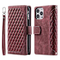 Miniatyrbilde 1 av 5: For iPhone 14 Pro 6.1 tommer Lommebok Deksel med Glidelås Tekstur PU Lær Flip Stativ Veske Wine red Style D iPhone 14 Pro