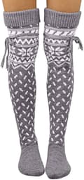 Bamboo Knee High Socks for Women - Grey Snowflake Christmas Socks A