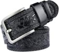 Leather Belt with Buckle, Floral Pattern, for Men, Black