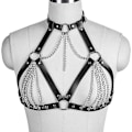 Miniatyrbillede 4 af 5: Læder BH CageStyle Skulderrem, Punk Lagdelt Brystkæde, Punk Sort Læder Brystsele Krops Taljekæde Bælte Rave Natklub Mave BH Smykker