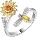 Miniatyrbillede 1 af 5: 14 karat hvid og gul guldbelagt justerbar solsikkeblomst bi spinner ring - Fidget smykker til kvinder, angst ringe til kvinder, fidget ringe