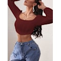 Miniatyrbillede 5 af 5: Kvinde Rib Strik Crop Top Langærmet Firkantet Hals Puff Korset Bluse
