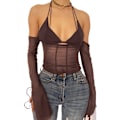Miniatyrbilde 1 av 4: Kvinners Sexy Mesh Patchwork Langærmet Halter Crop Cami Top Ryggløs Selvbinding