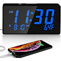 Miniatyrbilde 1 av 6: Skrivebords digital alarmklokke for soverom, blå 6\" LED-skjerm, med USB-port for lading, 000 % lysstyrke dimmer, temperatur, slumre, justerbar