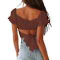 Miniatyrbillede 2 af 5: Kvinde Ruffle Kortærmet Binde Ryg Crop Top Off Shoulder Bardot